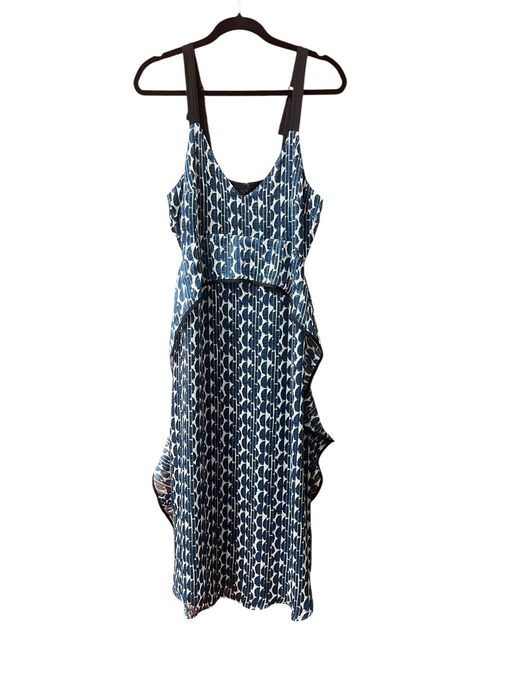 Lenon Patterned Blue & White Ruffled Midi Dress with Contrast Straps Medium
